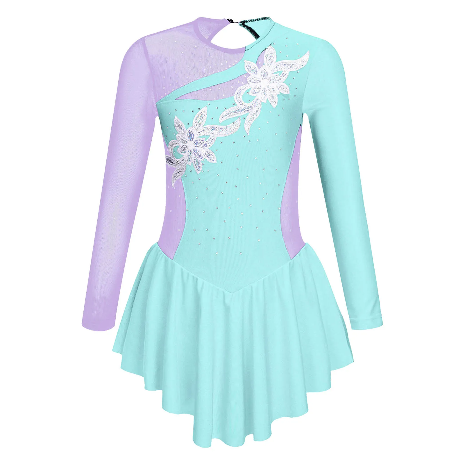 Kids Girls Ballet Dress Long Sleeve Shiny Rhinestone Figure Skating Dress Gymnastics Leotards Girls\' Ice Skating Clothes