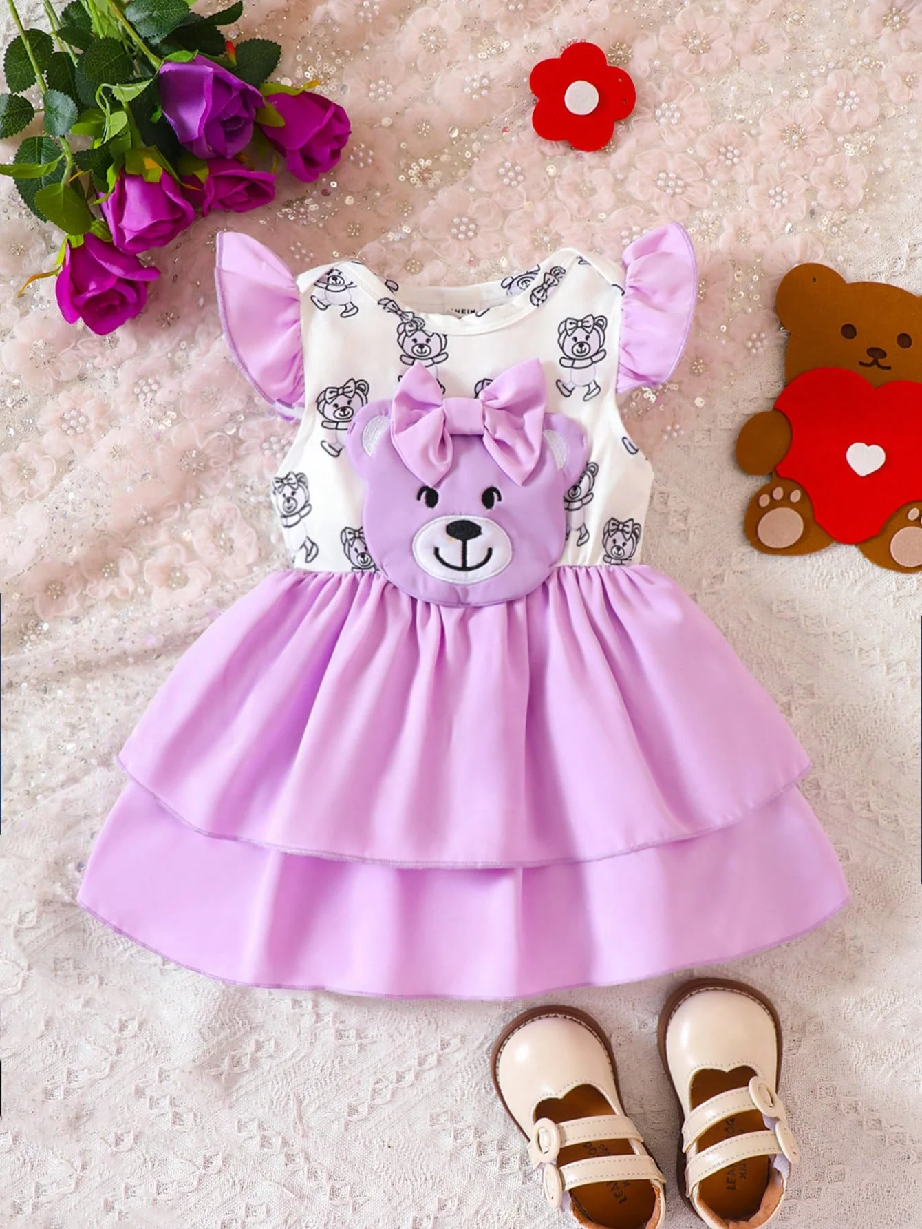 0-2 Years Old Spring And Summer New Round Neck Flutter Sleeve Bear Baby Baby Girl Baby Fashion Cute Foreign Dress