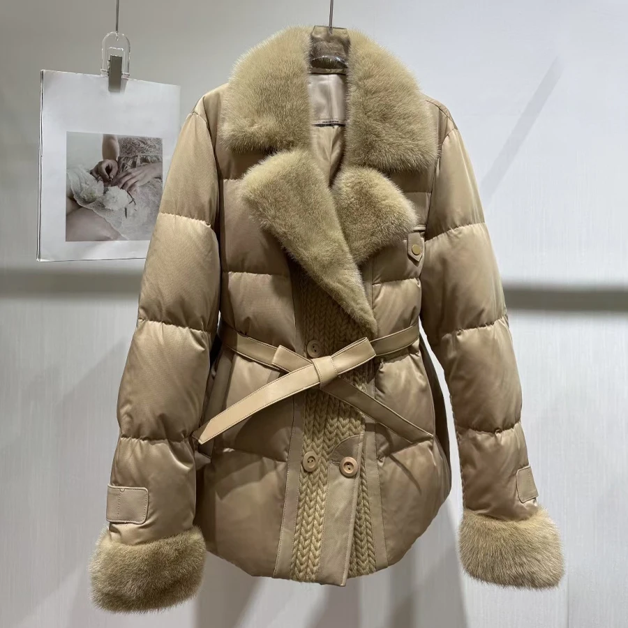 짧은 리얼 밍크 모피 코트 블랙 천연 모피 푸퍼 재킷 벨트 루즈 푸퍼 파카 럭셔리 겨울 따뜻한 다운 코트