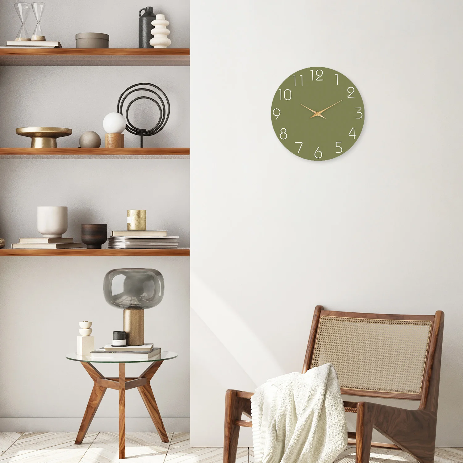 Modern Minimalist White Numbers Green Background Pattern Wooden Wall Clock Living Room Bedroom Kitchen Home Decoration Wall Clock Silent Quartz Clock Holiday Gift 10 Inches 12 Inches 14inch 16inch (No Battery) view 6