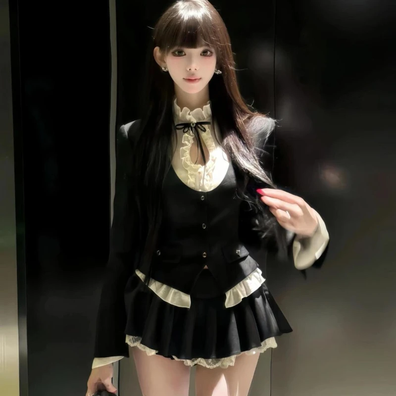 

Japanese Sweet Lolita 3 Piece Sets Women Vintage Short Coat Ruffles Long Sleeves Blouse Cake Mini Skirts Kawaii Y2k Slim Outfits