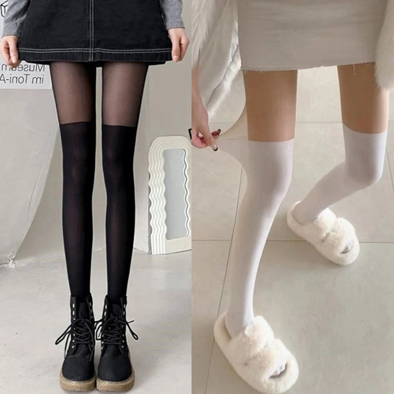 Bas de style japonais pour femmes, faux collants, bas de cuisses hautes, bas noirs, chaussettes JK, sexy, document patchwork