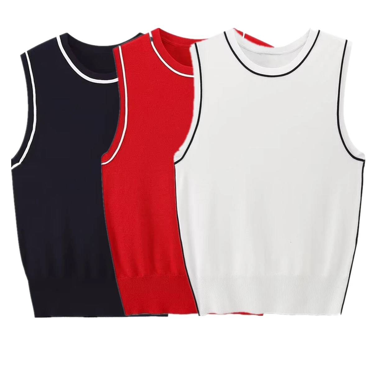 

Dave&Di Summer T-shirt Women Nordic Minimalist Fahion Ladies Basic Retro Contrasting Knit Vest T-shirt Tank Tops