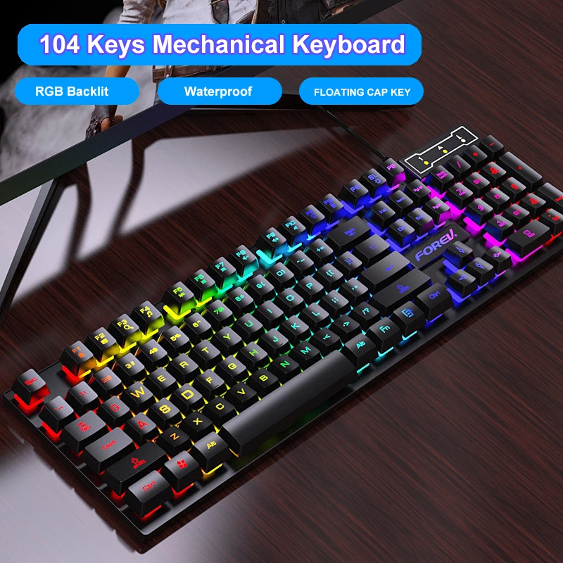 104 Keys Backlit Mechanical Keyboard Wired RGB Gaming Mouse Set for Laptop Desktop Ergonomics Luminous Mouse Set PC Accessories