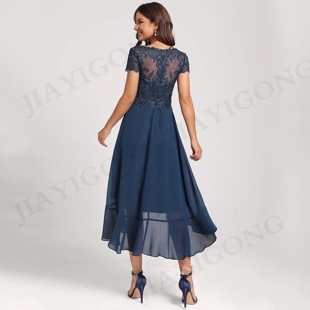 Short Sleeves V Neck Mother of The Bride Dress Lace Applique Tea Length Chiffon HI-lo A Line Wedding Guest Gown Party Dresses