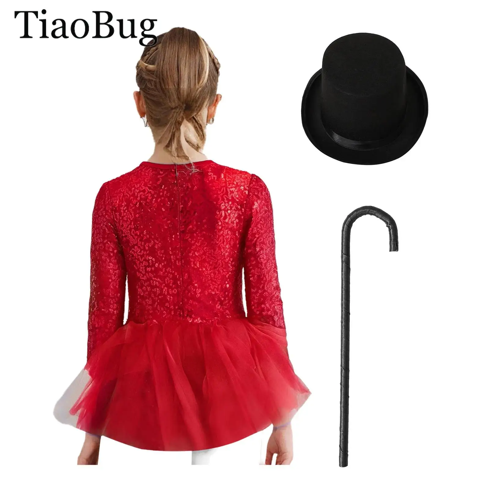 

Girls Circus Ringmaster Magician Costume Sparkly Sequin Bodice Tulle Skirted Leotard with Hat Crutch Ballet Tutu Jazz Dancewear