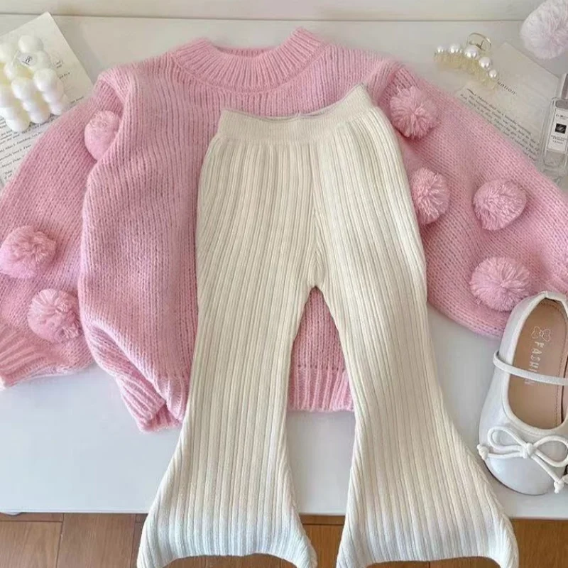 

Children Clothes 2025 New Autumn and Winter Girls Wool Pants Fashionable Knitted Bell Bottoms Or Ball Knitted Sweater Tops