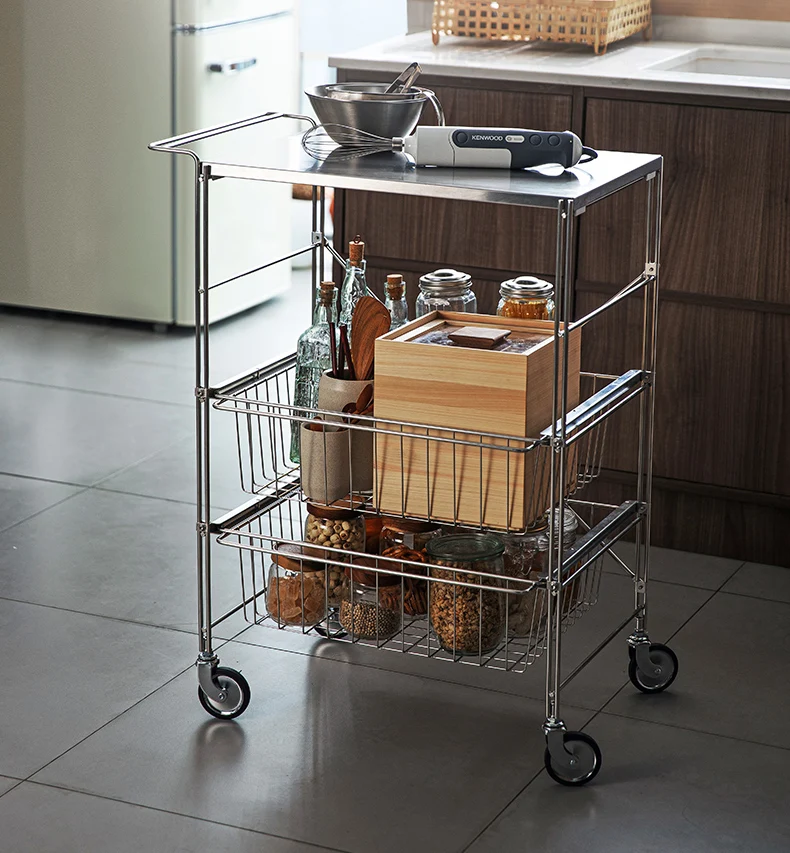 SHIMOYAMA Stainless Steel 201 3- layer Kitchen Trolley Rolling Storage Cart Serving Trolley with Handle Bathroom Shelf