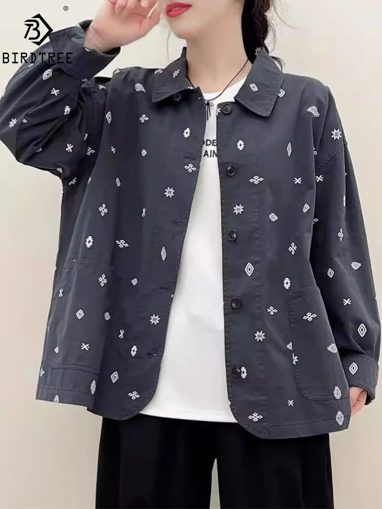 New Autumn Cotton Long Sleeve Shirts, Women Lapel Embroidery Tops, Mori Girl Casual Loose Jackets, 2024 Winter T487136QM