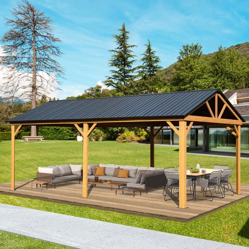 

12x20FT Hardtop Gazebo, Galvanized Steel Gable Roof Gazebo Pergola with Wood Grain Aluminum Frame, Outdoor Permanent Gazebo