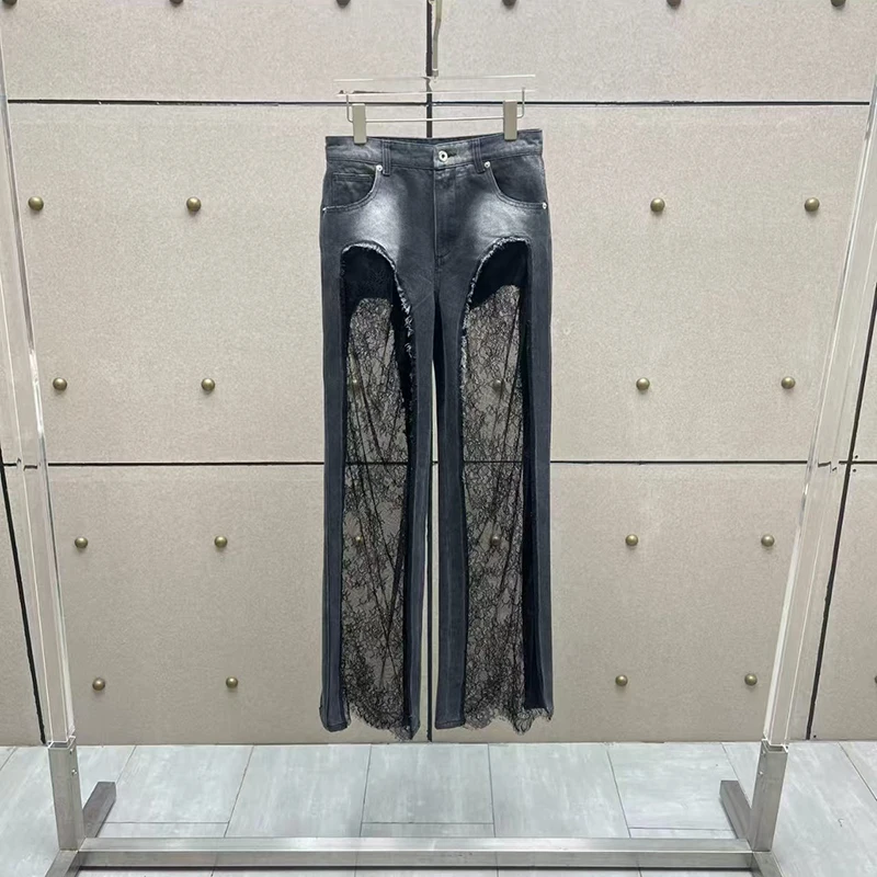 

Women's Sheer Lace-Panel Denim Pants Stylish, Sexy, Versatile Trousers High-Quality Wide-Leg Pants 2025 New Arrival, Fall