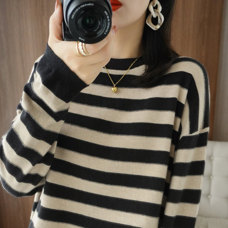 

Autumn Winter Women's ort Svel Knitted Camere Sweater Striped Base irt Long Sve Loose Fit Comfortable Knitwear
