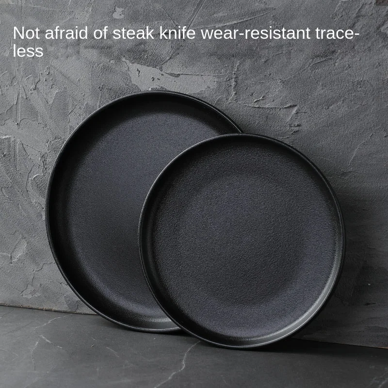 Wear-resistant Black Frosted Ceramic Steak Plate Pasta Flat Plate Retro Round Cooking Dishes Kitchen Utensils Hotel Tableware