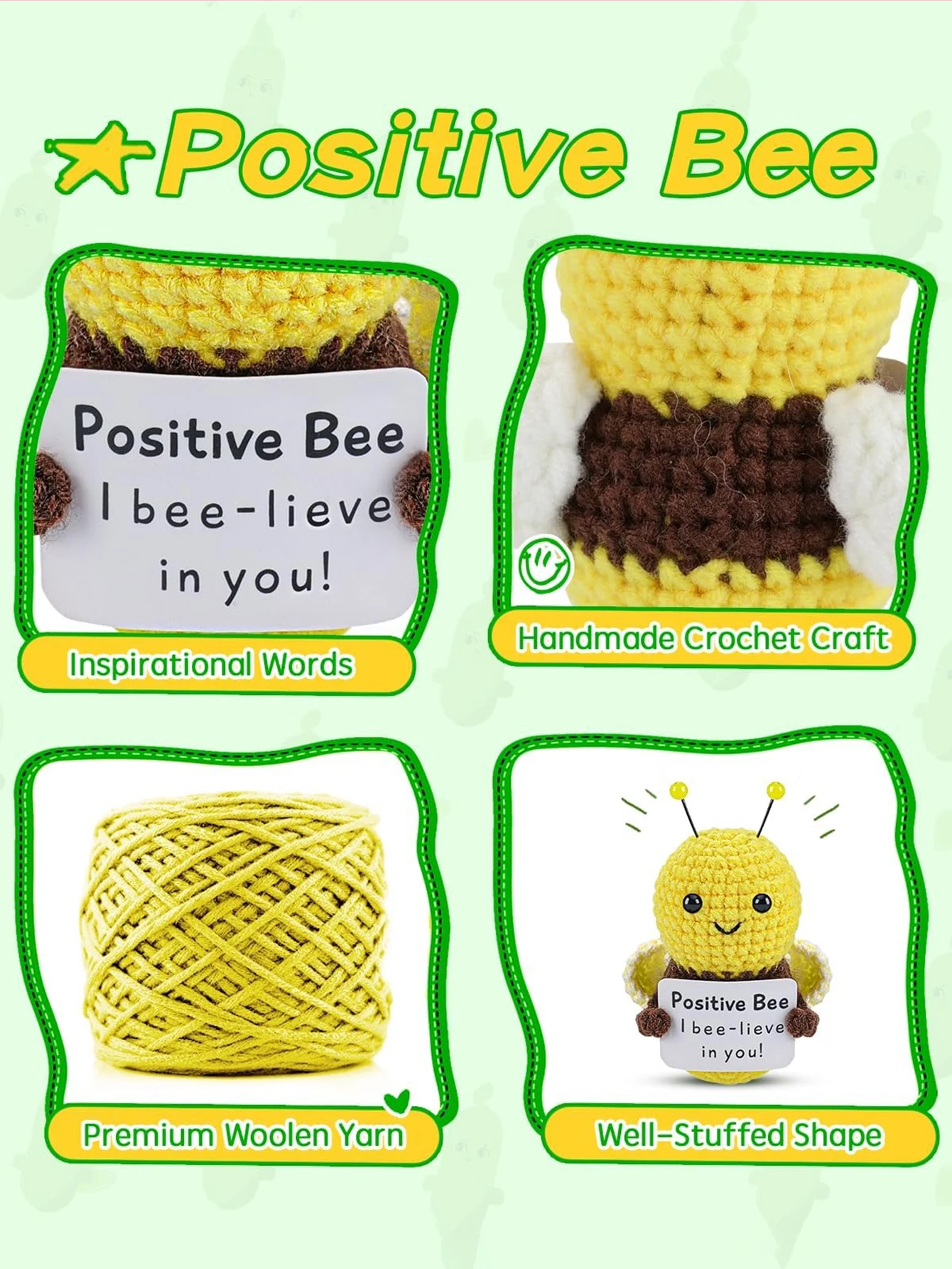 1pc Creative Plush Desktop Decoration Ornaments, Emotional Supports Handmade Crocheted Gifts to Encourage Friends, Positive Life with Cards, Mini Cute Office Room Desktop Decoration Ornaments for Birthday,Holiday Party
