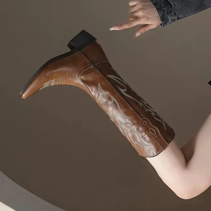 

Embroidery Genuine Leather Western Cowboy Boots Women Square Toe Slip on Chunky Heel Retro Knee High Boots Women Knight Boots