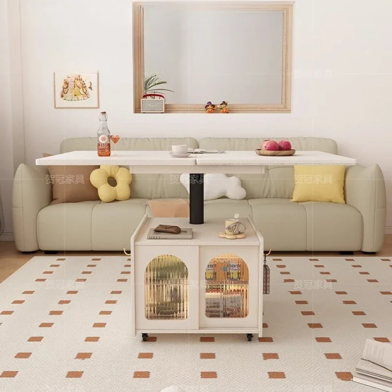 exceFrench Cream Wind Lift Coffee Table Integrated Dual-purpose Small Apartment Living Room Folding Mobile Rotating Coffee Table