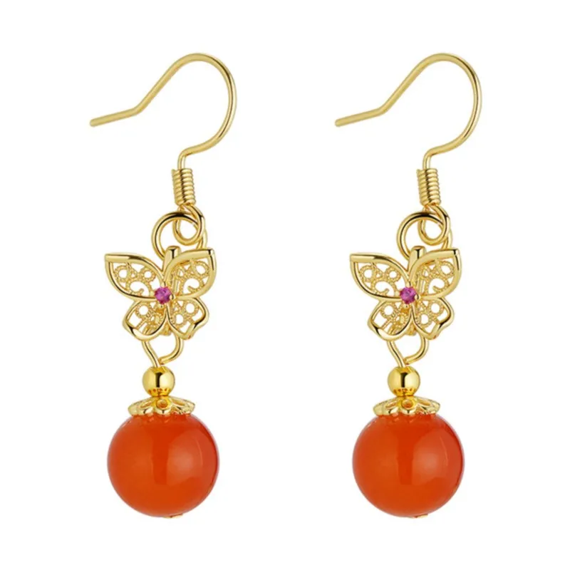 PANJBJ серьги-капли из стерлингового серебра 925 пробы с агатом Nanhong для женщин, золотая бабочка, ажурные этнические украшения, подарок, дропшиппинг
