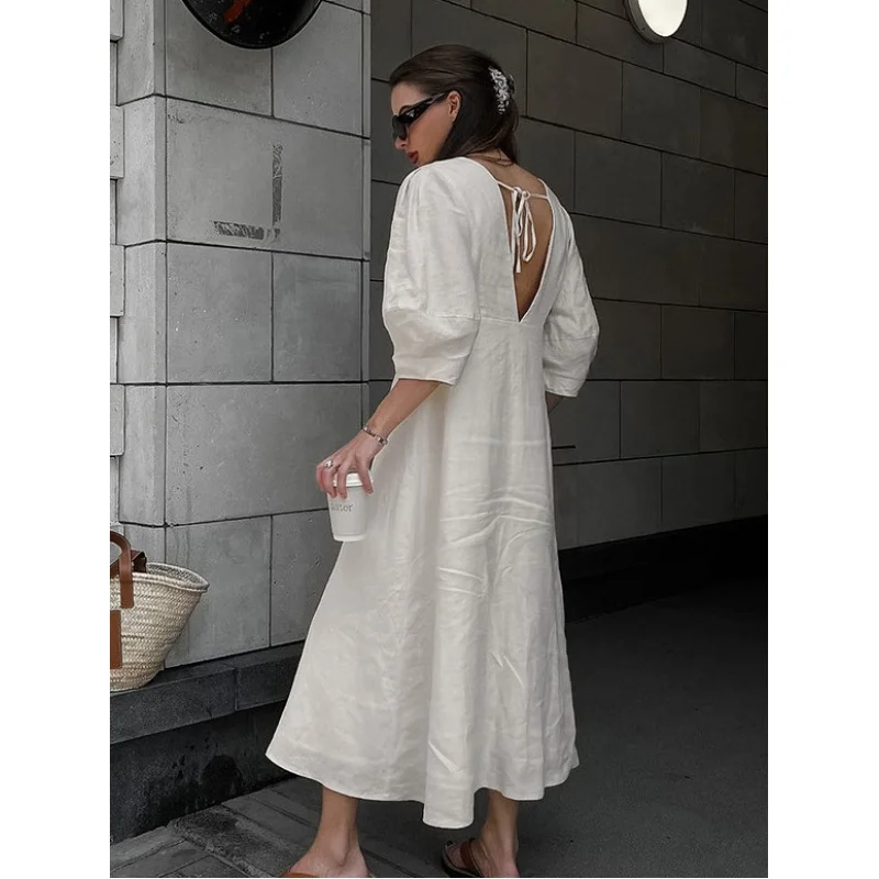 فستان FB-Simple كاجوال فضفاض من القطن والكتان للنساء صيفي بأكمام منتفخة وياقة V باللون البيج وخصر طويل