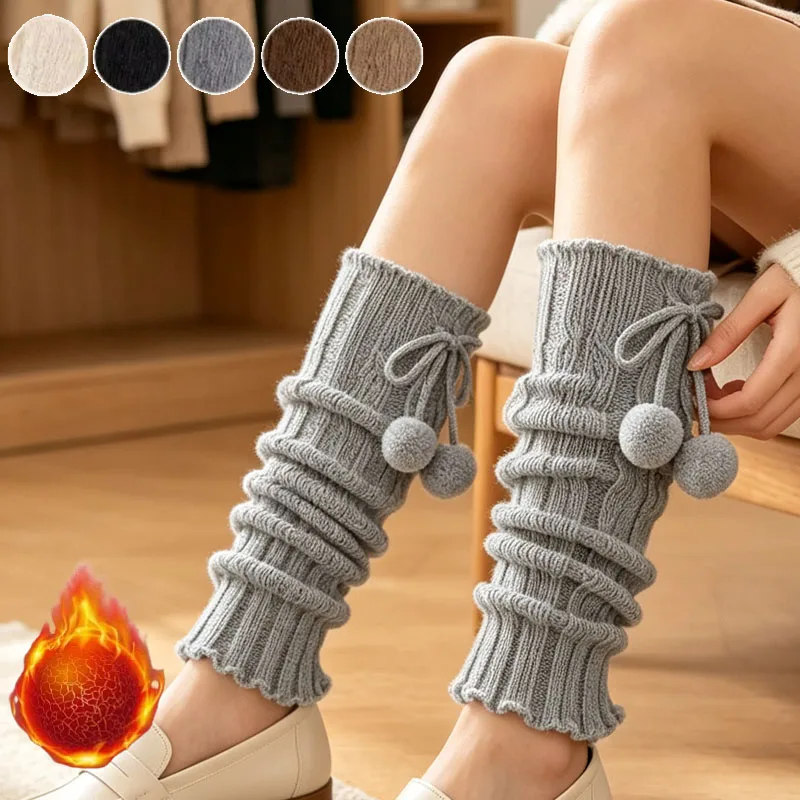 1-2Pairs Warm Fleece Slouch Socks Winter Thick Leg Warmers Deer Ball Decor Stretch Leg Covers for Women Fashion