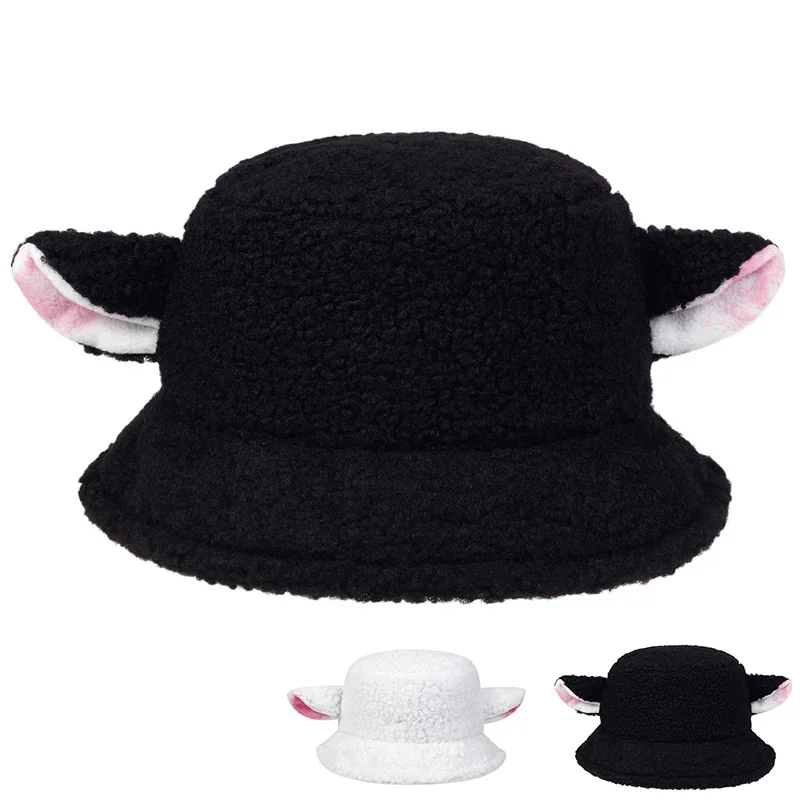 Cute Sheep Ear Plush Fisherman Hat Women Girls Cosplay Lamb Wool Hat Autumn Winter Warmer Headwear Hat Basin Hat Decoration