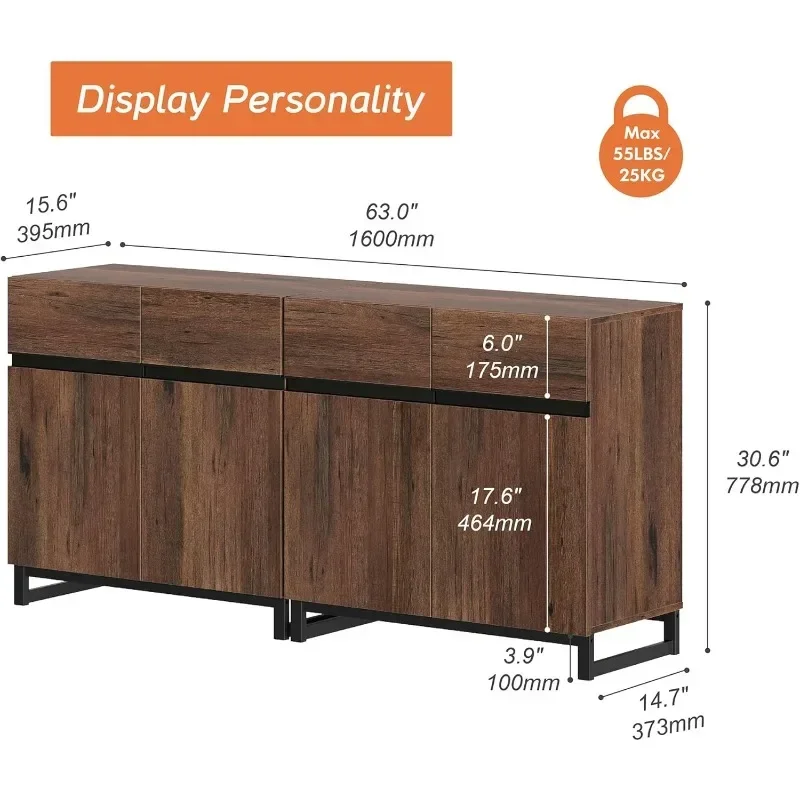 2 in 1 Multifunctional Sideboard Buffet Cabinets,Modern Sideboard with Adjustable Shelf Metal Base,Coffee Bar Cabinet Storage