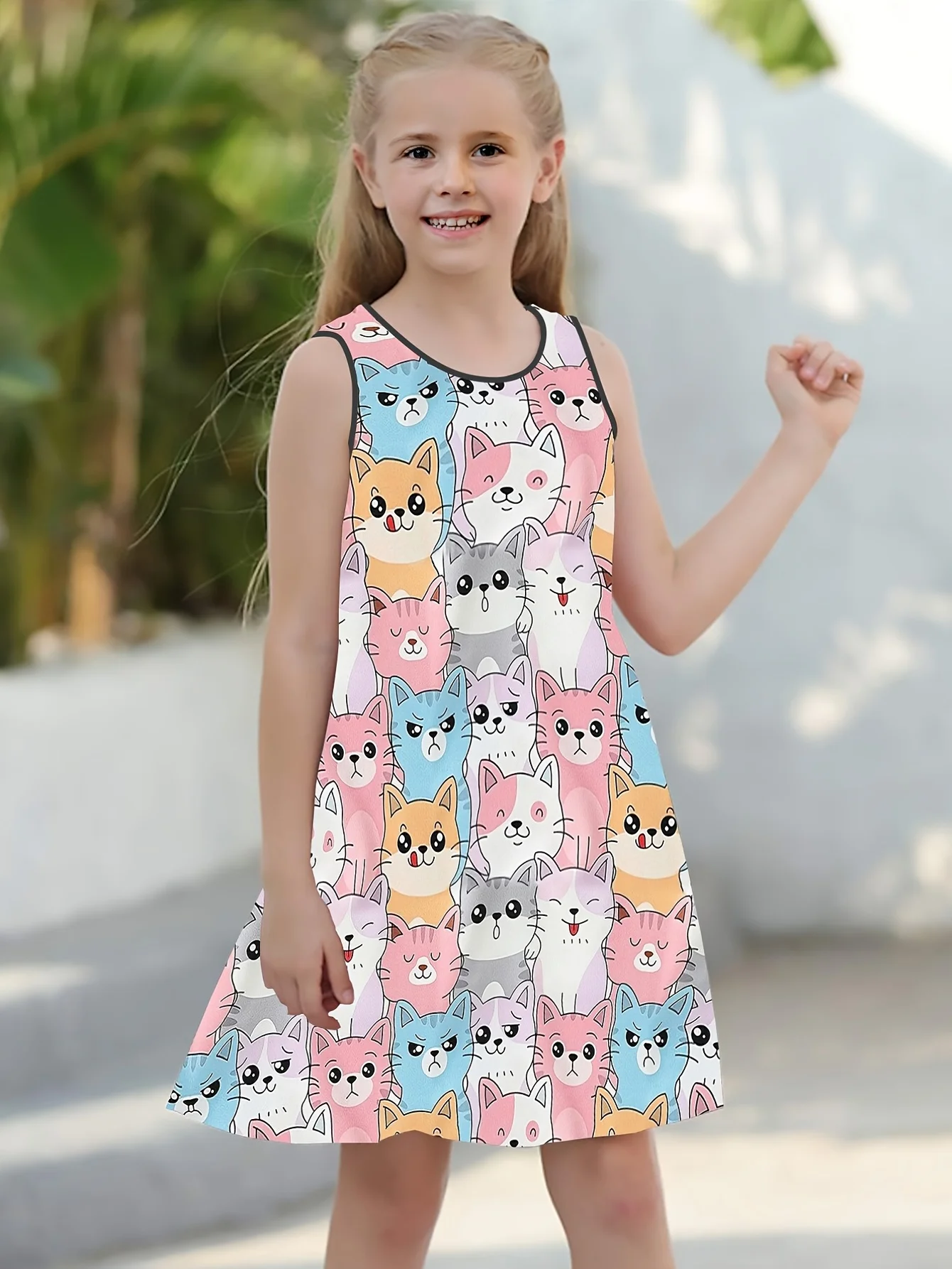 2024 Kids Little Girls Sleeveless Over Knee Dress Girl Dress Lovely Style Cartoon Cats 3d Print Daily Casual Cute Dress Clothing