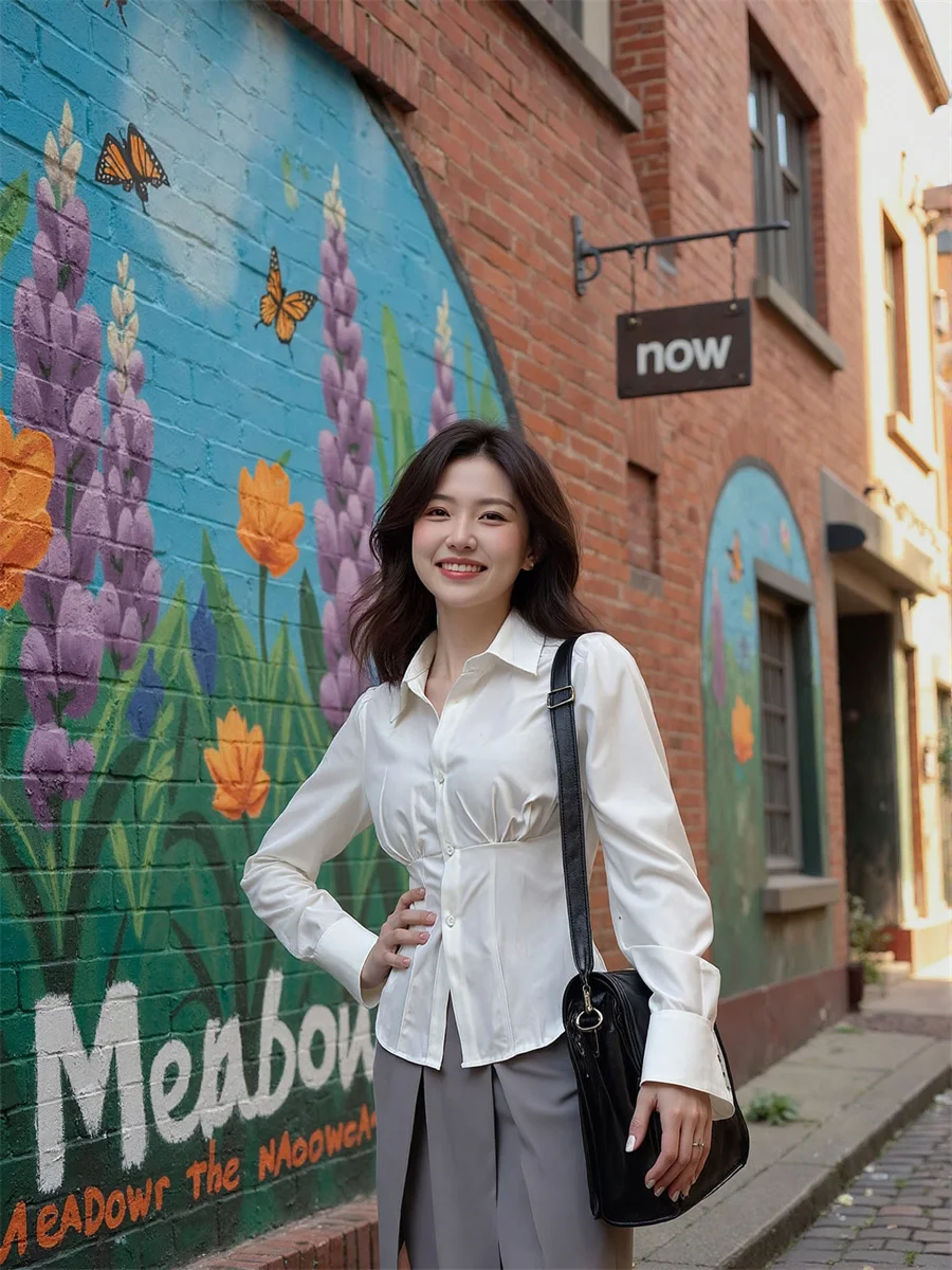 

Shirts Women Chic Buttoned Tops with Relaxed Fit and Long Sleeves Featuring Elegant Lace Details for Korean Daily Wear