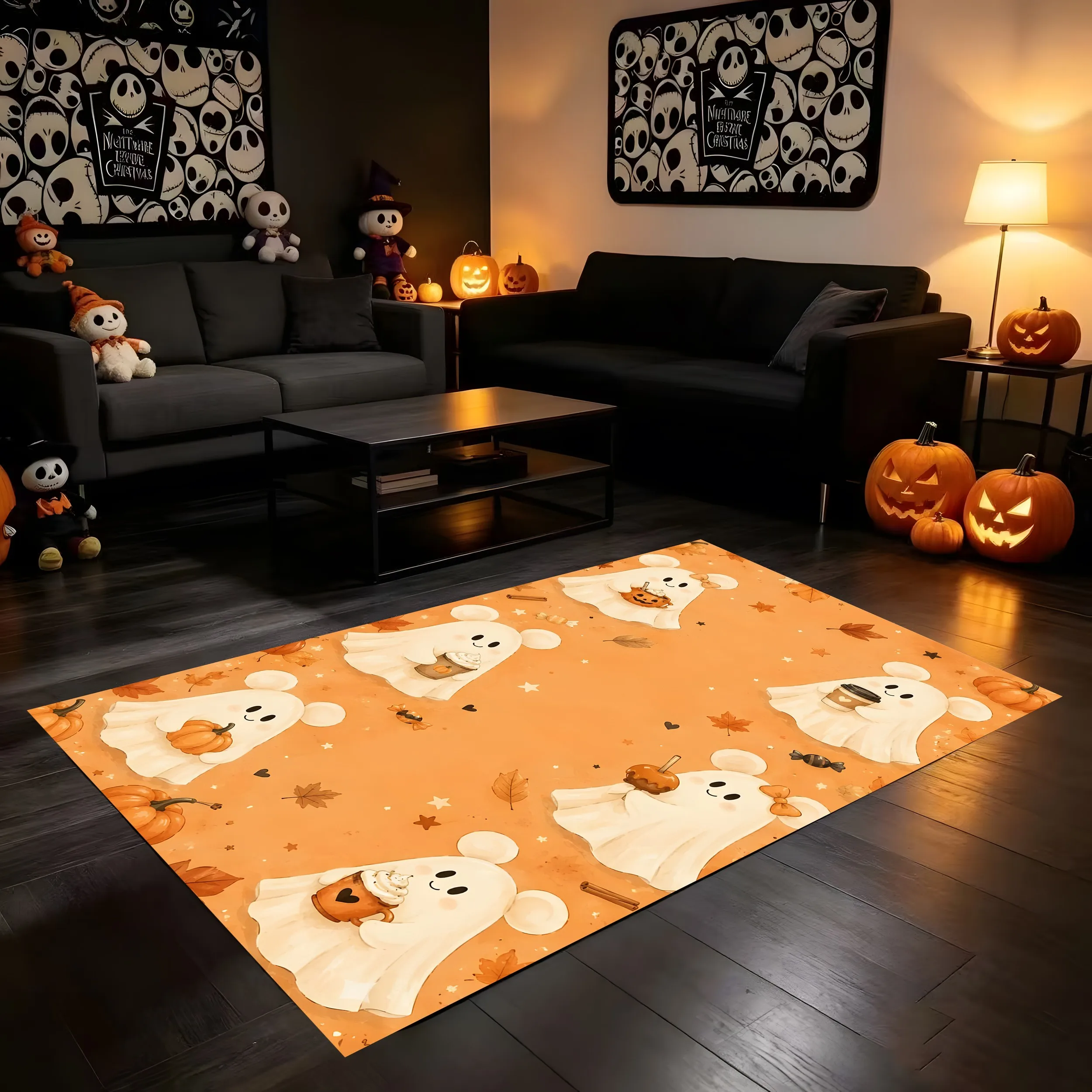 2D Large Carpet Cute Ghost Pumpkin Fallen Leaves Healing Cartoon Style Warm Orange Tone Soft Bright Eye Catching Halloween Atmosphere