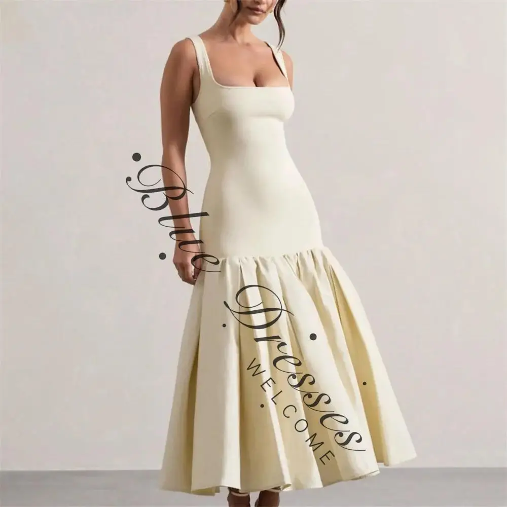 customized Spaghetti Strap Sleeveless Summer Simple Style Evening Dress Tea Length Formal Elegant Prom Gown Customized New