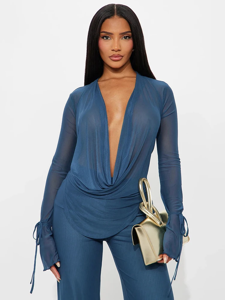 Ensemble 2 pièces transparent pour femmes, Coquette Sexy, manches longues, col pivotant, t-shirts + pantalon droit, Simple, assorti, Clubwear