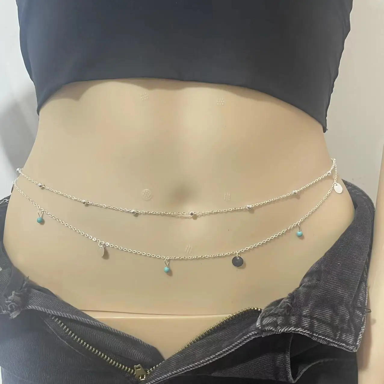 Minimalist Tassel Sequin Double Layer Chain Casual Pants Chain Hip-hop Body Chain Fashionable Retro Turquoise Waist Chain