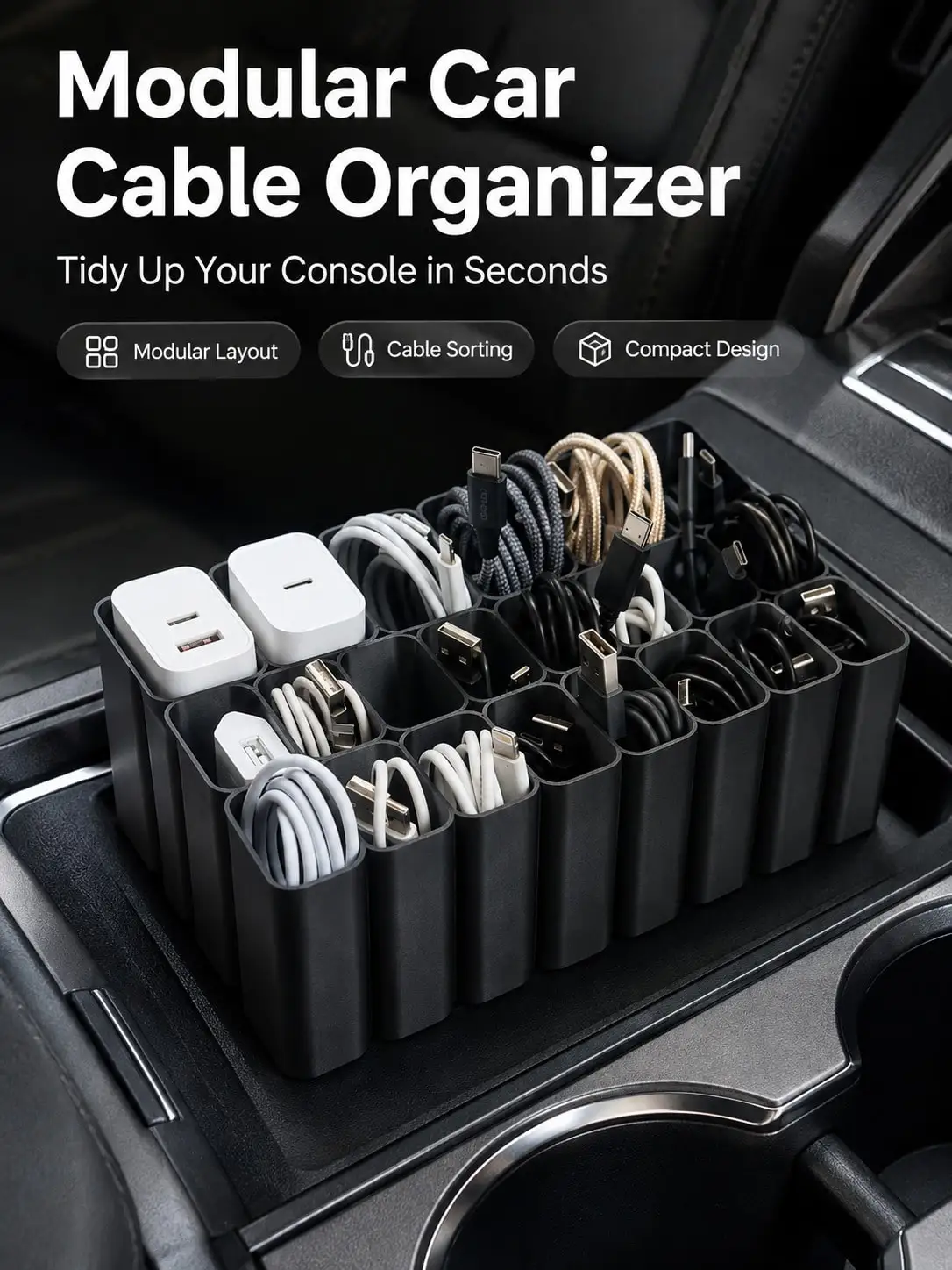 11/22-Slot USB Cable Organizer Tray Plastic Drawer Storage Box for Car Console Armrest Home Office Desk Gift