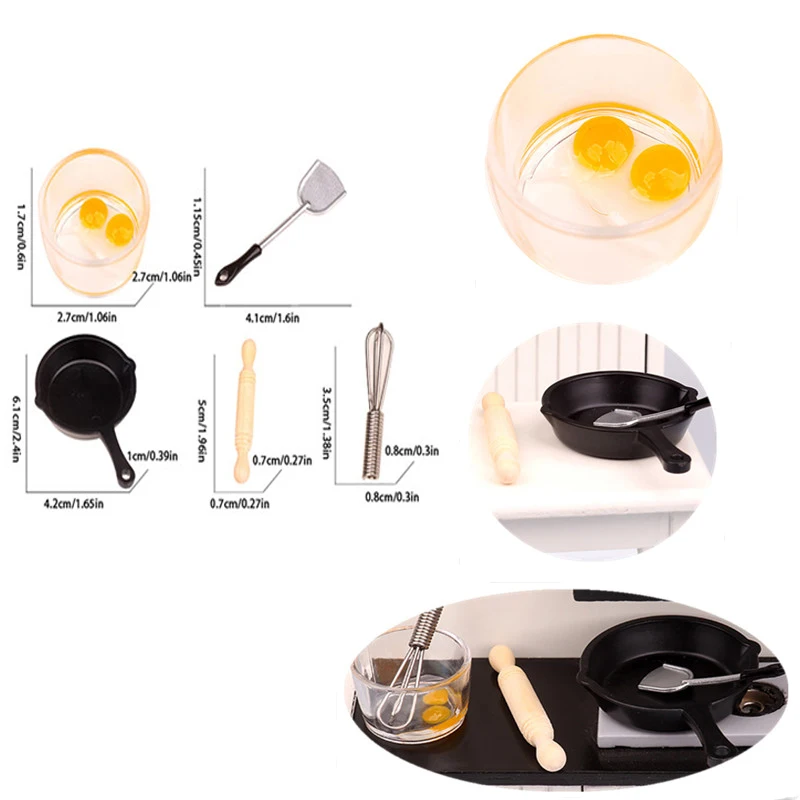 

[JN] 1 набор миниатюрной кухонной утвари для кукольного домика 1:12: сковорода, скалка, лопатка, венчик для взбивания яиц (модель)