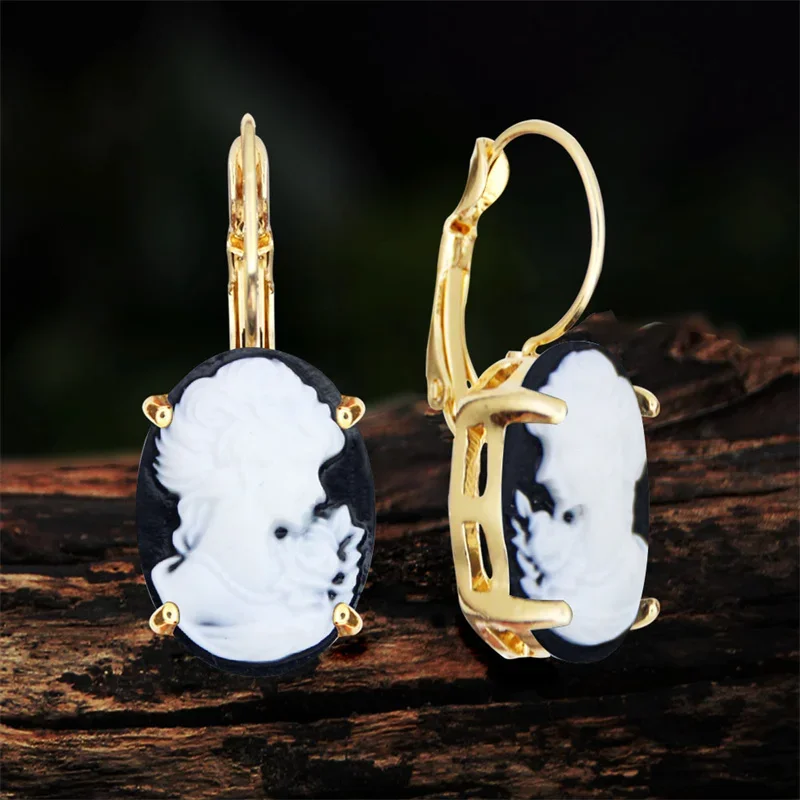 6 Colors Oval Lady Queen Cameo Earrings For Women Gold Color Pink Purple Blue Fashion Claw Pendant Cameo Earring