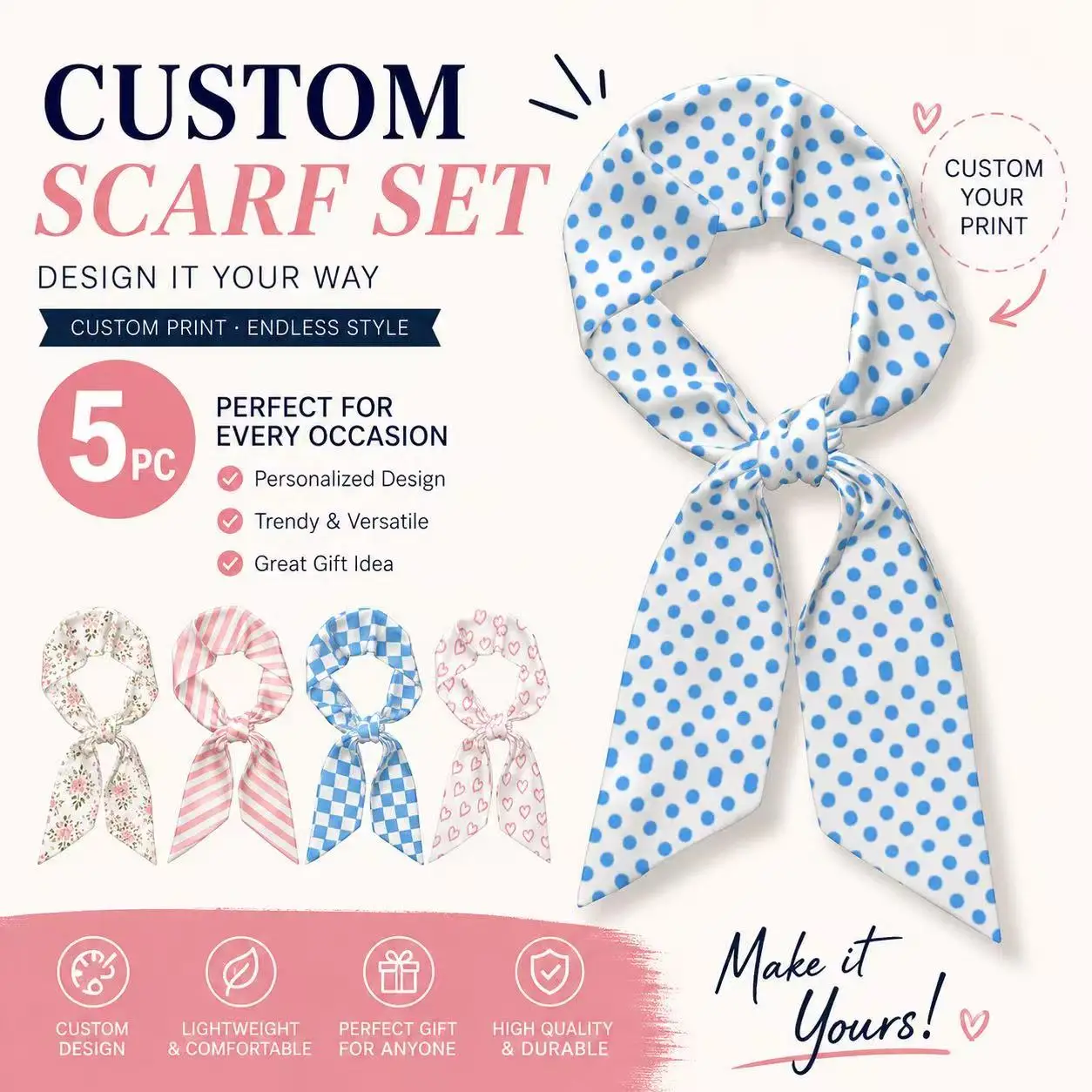 5 Pcs Pack Personalized Custom Long Scarf 128x7.6cm Skinny Necktie for Women Printed Bag Ribbon Hair Band Wrist Scarf Lot DIY