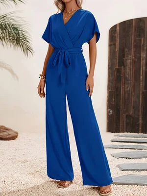 

2026 Summer New Klein Blue V-Neck Jumpsuit French Elegant Waist-Tie Flutter Sleeve Wide-Leg Jumpsuit Plus Size Women's Vacation and Commuting Outfit
