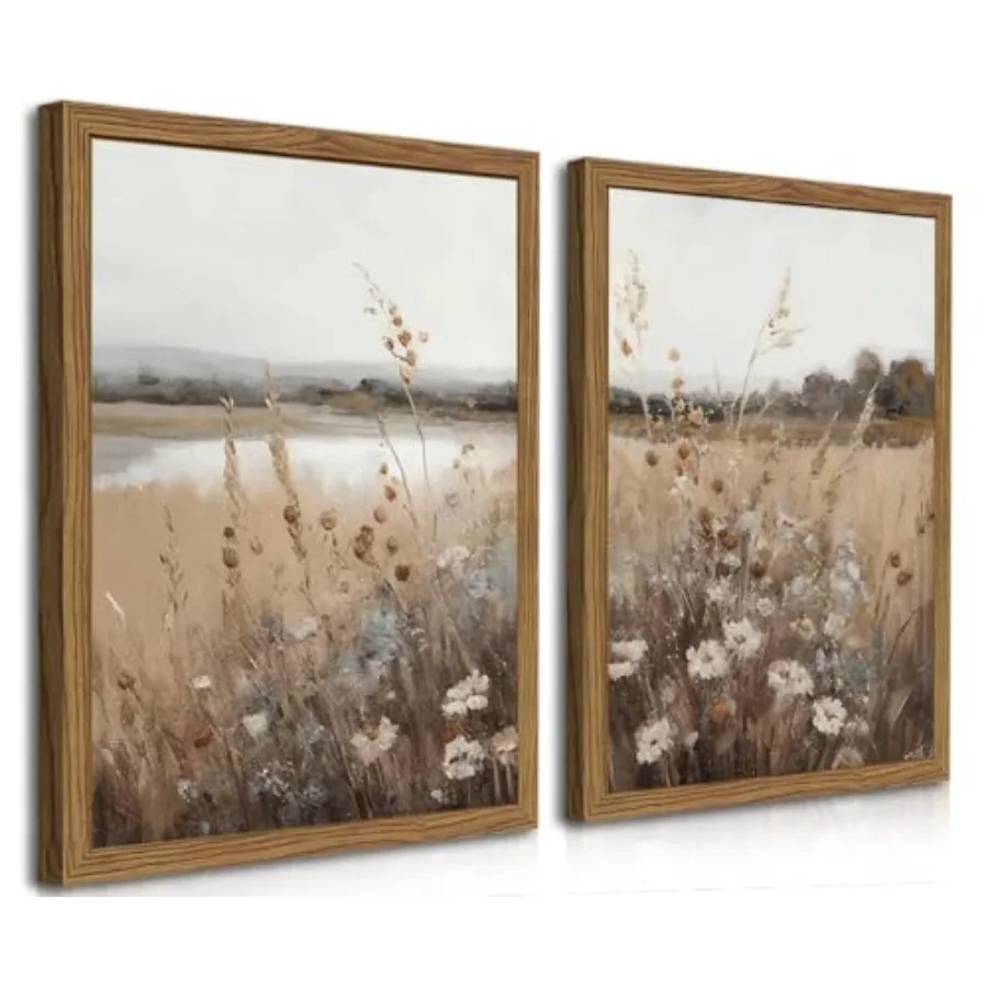 

Набор из 2 винтажных картин с полевыми цветами в рамах, ретро-декор для стен в стиле кантри, холщовые картины 16x24 дюйма, деревянная рама, дизайн «Фермерское поле»
