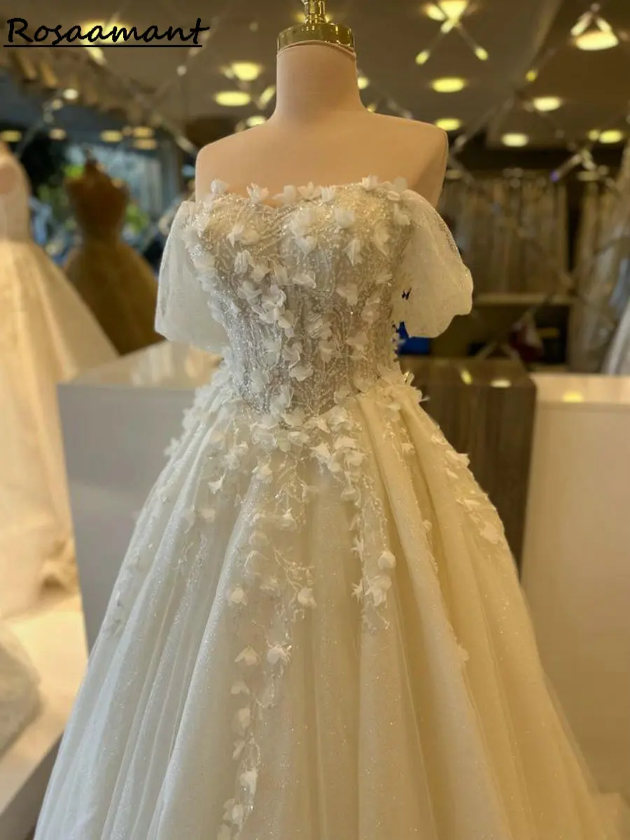 Elegante fora do ombro 3d flores a linha vestidos de casamento lantejoulas apliques rendas personalizado país vestidos de noiva