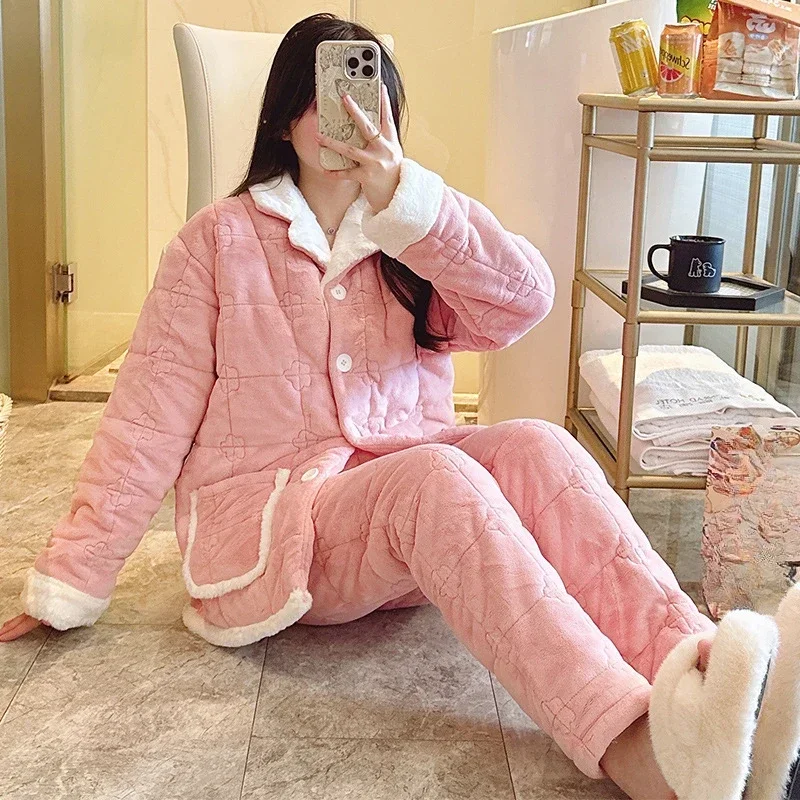 New Warm Pink Thick Pajamas Women Winter Nightgown Flannel Suit Coral Fleece Autumn Winter Loungewear Comfort Simple Sleepwear