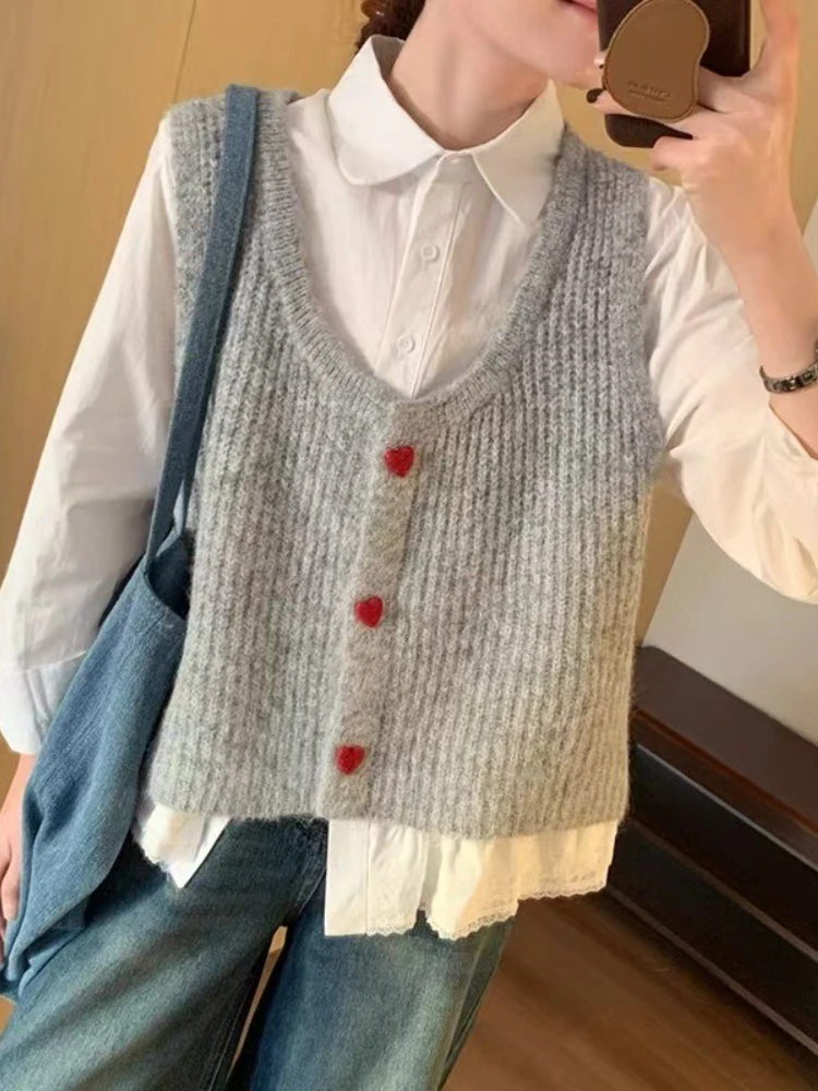 

Korobov Autumn Korean Casual Loose V Neck Sleeveless Single Breasted Solid Knitted Sweater Vest