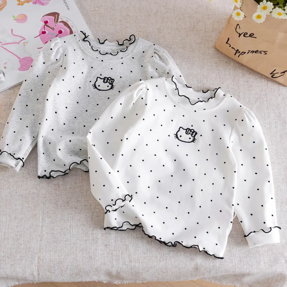 

Футболка с длинными рукавами Sanrio Hellokitty для девочек, весенне-осенняя новая стильная рубашка с круглым вырезом и рисунком, зарубежный топ, детская одежда