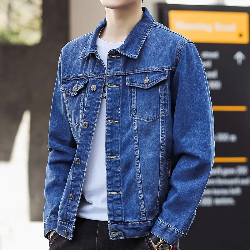 

Faionable Jeans Bomber Jaet Autumn Men's Coat Youth ular Stand Fit Long Sve Single Button Closure Pure Color