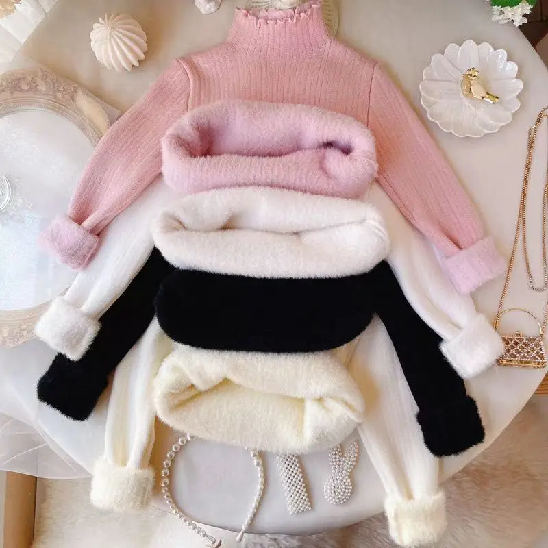 

Girls' Sweater 2025 New Winter Clothing All in One Velvet Sweater Half High Collar with Thick Velvet for Girls' Baby Knitwear