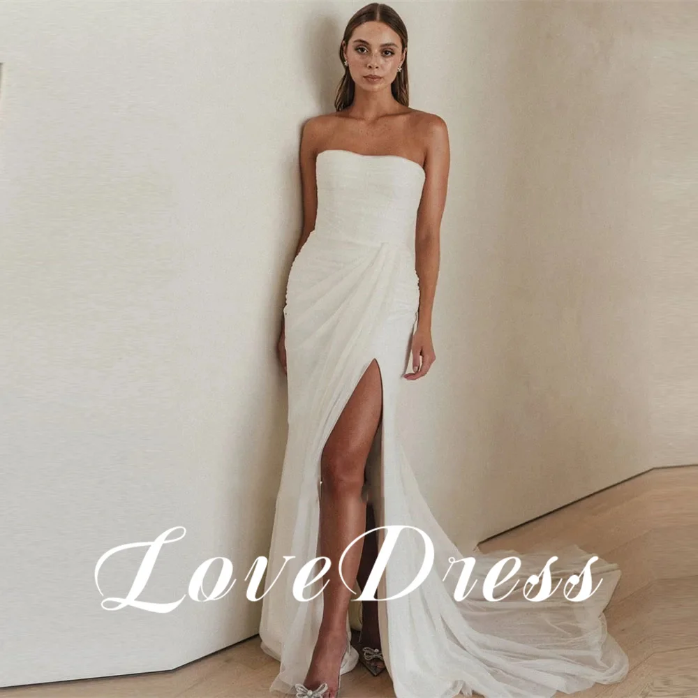 Love Elegant Strapless Tulle Mermaid Pleating Sleeveless Wedding Dresses Sexy High Side Slit Backless Floor Length Bridal Gowns