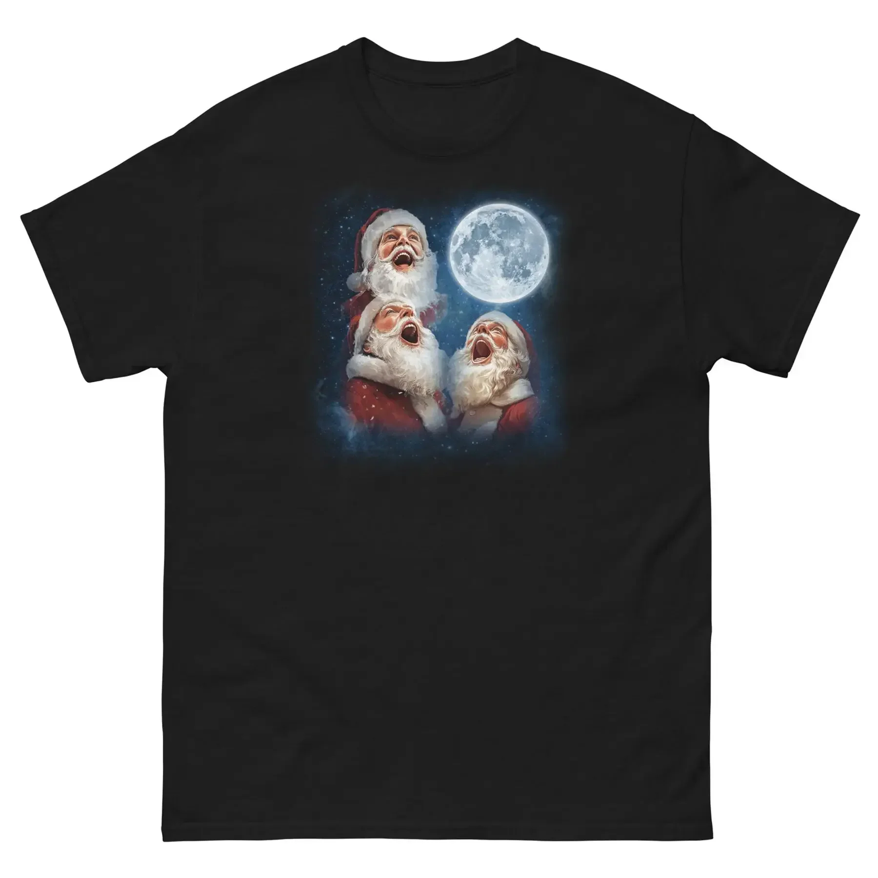3 Santas Howling at the Moon Christmas Holiday Kris Kringle Unisex Classic Tee