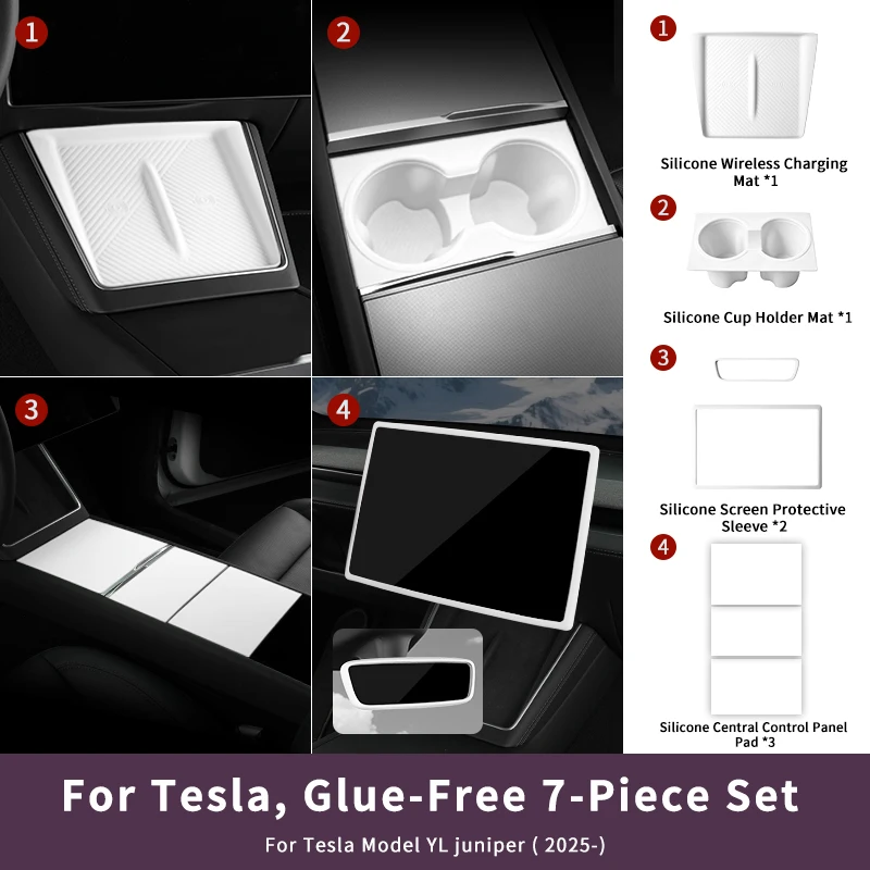 Silicone Interior 7‑Piece Set For Tesla Model 3 Model Y 2024+ 2025+ Center Console Panel Pads, Wireless Charging Mat, Cup Holde