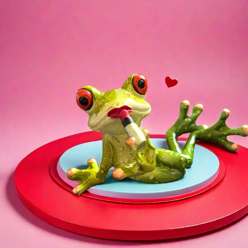 Enchanting Frog Lady Figurine Frogs with Lipstick Applied Sculptures Home Desktop Dresser Decoration Animal Statue Gifts Couples