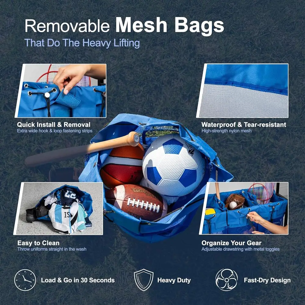 رف تخزين المعدات الرياضية الزرقاء شديدة التحمل مع حقائب محمولة للكرات والألعاب #5