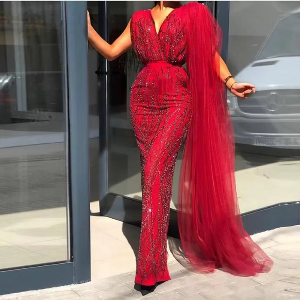 

Gorgeous Red Evening Dresses for Women Fashion V-Neck Sleeveless Floor Length Gowns Luxury Special Occasion Prom Dress