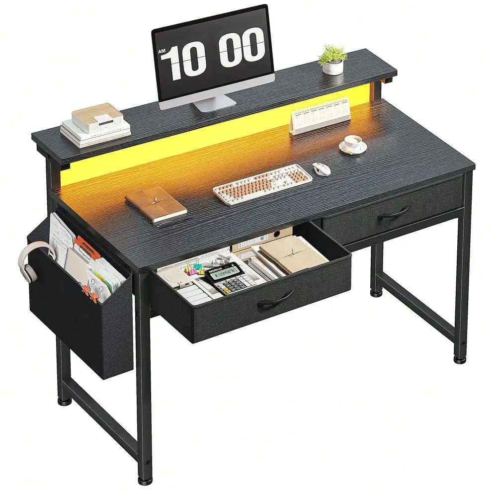 

standing desk l shaped desk table31.5 D Office Desk With LED Strip Lights Ergonomic Monitor Stand 2 Fabric Drawers And Side Pock